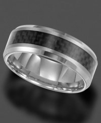 Cool and collected, this tungsten carbide ring by Triton highlights a center strip of black carbon fiber. 8mm band has a comfortably, stylish fit. Sizes 8-15. Cool and collected, this tungsten carbide ring by Triton highlights a center strip of black carbon fiber. 8mm band has a comfortably, stylish fit. Sizes 8-15.
