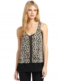 THE LOOKCropped abstract printed overlayFloral lace underlayFront zip detailRacerbackTHE FITAbout 24 from shoulder to hemTHE MATERIALPolyesterCARE & ORIGINDry cleanImportedModel shown is 5'9 (175cm) wearing US size Small. THE LOOKCropped abstract printed overlayFloral lace underlayFront zip detailRacerbackTHE FITAbout 24 from shoulder to hemTHE MATERIALPolyesterCARE & ORIGINDry cleanImportedModel shown is 5'9 (175cm) wearing US size Small.