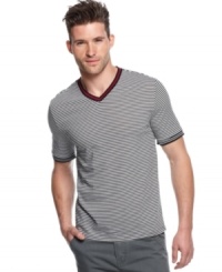 Soften your edge with the smooth style of this v-neck striped t-shirt from Sons of Intrigue. Soften your edge with the smooth style of this v-neck striped t-shirt from Sons of Intrigue.