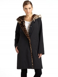 THE LOOKHooded styleLeopard printed faux fur liningConcealed snap frontLong sleevesDual side pocketsTHE FITAbout 37 from shoulder to hemTHE MATERIALShell: polyesterFaux fur: acrylic/polyesterFill: polyesterLining: nylonCARE & ORIGINDry cleanImportedModel shown is 5'11 (180cm) wearing US size Small. THE LOOKHooded styleLeopard printed faux fur liningConcealed snap frontLong sleevesDual side pocketsTHE FITAbout 37 from shoulder to hemTHE MATERIALShell: polyesterFaux fur: acrylic/polyesterFill: polyesterLining: nylonCARE & ORIGINDry cleanImportedModel shown is 5'11 (180cm) wearing US size Small.