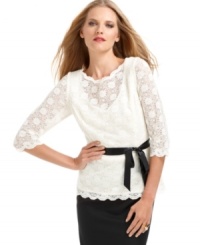 Alex Evenings' petite top features a gorgeous lace overlay and a ribbon sash at the waist--a beautiful option for creating a fresh, feminine special occasion ensemble. Alex Evenings' petite top features a gorgeous lace overlay and a ribbon sash at the waist--a beautiful option for creating a fresh, feminine special occasion ensemble.