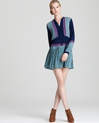 A mini making a major statement, this Madison Marcus silk dress has all the elements fall is about. Color blocking and a micro-pleated skirt are effortlessly cool, especially when off-set by boho-chic booties. A mini making a major statement, this Madison Marcus silk dress has all the elements fall is about. Color blocking and a micro-pleated skirt are effortlessly cool, especially when off-set by boho-chic booties.