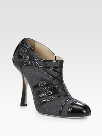 Leather buckle straps line this ultra-soft flannel design, with a timeless cap toe and slender heel. Leather-covered heel, 4½ (115mm)Flannel and leather upperSide zipLeather lining and solePadded insoleMade in Italy Leather buckle straps line this ultra-soft flannel design, with a timeless cap toe and slender heel. Leather-covered heel, 4½ (115mm)Flannel and leather upperSide zipLeather lining and solePadded insoleMade in Italy