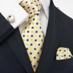 Landisun 555 Yellows Black Polka Dots Mens Silk Tie Set: Tie+Hanky+Cufflinks