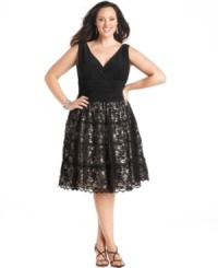 A ruched bodice and gorgeous lace overlay at the skirt make SL Fashions' plus size dress a sophisticated and feminine pick for your next celebration. A ruched bodice and gorgeous lace overlay at the skirt make SL Fashions' plus size dress a sophisticated and feminine pick for your next celebration.