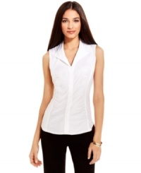 Perfect with a blazer or all on its own, a sleeveless blouse from Alfani is tailored with ruched knit panels for a chic update on a classic. Perfect with a blazer or all on its own, a sleeveless blouse from Alfani is tailored with ruched knit panels for a chic update on a classic.