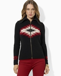 A hearty lambswool-blend sweater is finished with a bold Southwestern-inspired design at the front for rugged appeal. A hearty lambswool-blend sweater is finished with a bold Southwestern-inspired design at the front for rugged appeal.