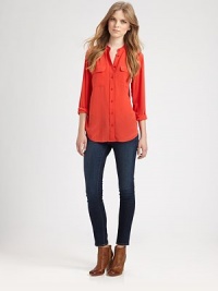 Take a cue from classics in this lightweight silk shirt, updated by a collarless neckline and front flap pockets RoundneckLong sleeves with buttoned cuffsButton frontFront flap pocketsShirttail hem hits below the hipsSilkDry cleanImportedModel shown is 5'10 (177cm) wearing US size Small. Take a cue from classics in this lightweight silk shirt, updated by a collarless neckline and front flap pockets RoundneckLong sleeves with buttoned cuffsButton frontFront flap pocketsShirttail hem hits below the hipsSilkDry cleanImportedModel shown is 5'10 (177cm) wearing US size Small.