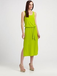 Made from soft jersey and featuring a self-tie detail at its elasticized waist, this dress is the epitome of stylish comfort.ScoopneckSleevelessSelf-tie belt at elasticized waistSide slitsAbout 38 from natural waist94% polyester/6% spandexMachine washImported Model shown is 5'10 (177cm) wearing US size Small. Made from soft jersey and featuring a self-tie detail at its elasticized waist, this dress is the epitome of stylish comfort.ScoopneckSleevelessSelf-tie belt at elasticized waistSide slitsAbout 38 from natural waist94% polyester/6% spandexMachine washImported Model shown is 5'10 (177cm) wearing US size Small.