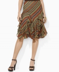 Lauren by Ralph Lauren's breezy silk georgette construction is enlivened with a bold allover striped pattern. Lauren by Ralph Lauren's breezy silk georgette construction is enlivened with a bold allover striped pattern.