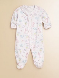 Give your baby this sweet animal print design made of the coziest cotton for the ultimate in comfort. Front snap closureLong sleevesSnap bottomRuffle trimPima cottonMachine washImported Give your baby this sweet animal print design made of the coziest cotton for the ultimate in comfort. Front snap closureLong sleevesSnap bottomRuffle trimPima cottonMachine washImported