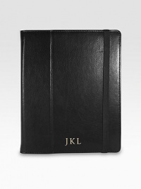 Hold and protect your iPad or iPad 2 with this elegantly handmade leather case, designed to fold horizontally or vertically for ideal viewing angles. Accommodates all iPad modelsFour leather-wrapped corner strapsLeather8 X 9¾Handmade in USAFOR PERSONALIZATION Select a quantity, then scroll down and click on PERSONALIZE & ADD TO BAG to choose and preview your personalization options. Please allow 1 week for delivery. Hold and protect your iPad or iPad 2 with this elegantly handmade leather case, designed to fold horizontally or vertically for ideal viewing angles. Accommodates all iPad modelsFour leather-wrapped corner strapsLeather8 X 9¾Handmade in USAFOR PERSONALIZATION Select a quantity, then scroll down and click on PERSONALIZE & ADD TO BAG to choose and preview your personalization options. Please allow 1 week for delivery.