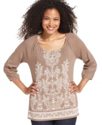 This peasant top from Karen Scott features a printed embroidery-inspired design and studs for a touch of shine. Made from 100% cotton, it's so soft, too! This peasant top from Karen Scott features a printed embroidery-inspired design and studs for a touch of shine. Made from 100% cotton, it's so soft, too!