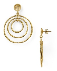 Get inspired by deco glamour this season and don Melinda Maria's drop hoop earrings. Style these bold baubles with a mini shift and platform boots for a lustrous retro look. Get inspired by deco glamour this season and don Melinda Maria's drop hoop earrings. Style these bold baubles with a mini shift and platform boots for a lustrous retro look.