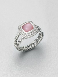 From the Petite Albion Collection. A pretty style with a pink mother-of-pearl cabochon surrounded by dazzling diamonds on a split cable shank. Pink mother-of-pearlDiamonds, .18 tcwSterling silverImported From the Petite Albion Collection. A pretty style with a pink mother-of-pearl cabochon surrounded by dazzling diamonds on a split cable shank. Pink mother-of-pearlDiamonds, .18 tcwSterling silverImported