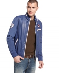 Streetwise style is as easy as layering this Armani faux-leather jacket. With moto-inpisred detailing you'll have a completely cool urban look.