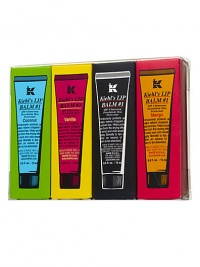 This best seller has been soothing and protecting lips since 1969. Colorful boxes contain four versions of Kiehl's legendary lip balm. Includes Lip Balm #1 (0.5 oz.), Lip Balm #1 Vanilla (0.5 oz.), Lip Balm #1 Coconut (0.5 oz.) and Lip Balm #1 Mango (0.5 oz.). 