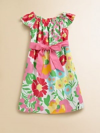 She'll be inspired to tiptoe through the tulips in this brilliant cotton shift with perky flowers, ants and flutter sleeves for fun in the sun.Shirred boatneckFlutter sleevesPullover styleElastic waist with removable sashCottonMachine washImported She'll be inspired to tiptoe through the tulips in this brilliant cotton shift with perky flowers, ants and flutter sleeves for fun in the sun.Shirred boatneckFlutter sleevesPullover styleElastic waist with removable sashCottonMachine washImported