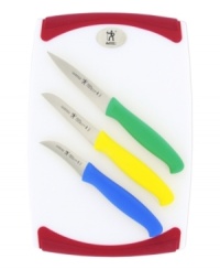 A must-have for the mixologist! Master the art of cocktail hour with this precision set, which includes three colorful paring knives perfect for slicing, peeling & chopping and a durable cutting board ideal for prepping and presenting your garnishes and ingredients.
