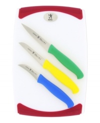 A must-have for the mixologist! Master the art of cocktail hour with this precision set, which includes three colorful paring knives perfect for slicing, peeling & chopping and a durable cutting board ideal for prepping and presenting your garnishes and ingredients. A must-have for the mixologist! Master the art of cocktail hour with this precision set, which includes three colorful paring knives perfect for slicing, peeling & chopping and a durable cutting board ideal for prepping and presenting your garnishes and ingredients.