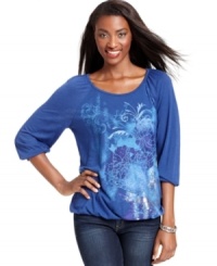 Make your top pop with this dazzling three-quarter-sleeve number from Style&co. A creative print and studded embellishments add allure to your look! Make your top pop with this dazzling three-quarter-sleeve number from Style&co. A creative print and studded embellishments add allure to your look!