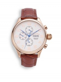 THE LOOKRound rose goldtone stainless steel case, 50mm (2)Smooth bezelChampagne chronograph dialNumeral hour markersDay/date-function at 3 o'clockSecond handTransparent case backBrown croc-print leather strapWater resistant to 3 ATMTHE MATERIALRose goldtone stainless steelCroc-print leatherORIGINImported THE LOOKRound rose goldtone stainless steel case, 50mm (2)Smooth bezelChampagne chronograph dialNumeral hour markersDay/date-function at 3 o'clockSecond handTransparent case backBrown croc-print leather strapWater resistant to 3 ATMTHE MATERIALRose goldtone stainless steelCroc-print leatherORIGINImported