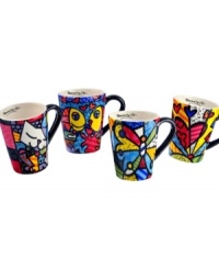 A work of art, these vividly hued, wildly patterned mugs showcase the one-of-a-kind style of world-renowned Brazilian artist Romero Britto. Featuring four unique designs. A work of art, these vividly hued, wildly patterned mugs showcase the one-of-a-kind style of world-renowned Brazilian artist Romero Britto. Featuring four unique designs.