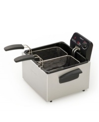 Double duty! Professional power utilizes dual baskets and an adjustable thermostat to fry up two foods at once for a deliciously irresistible dose of your favorite fried foods. The oblong baskets provide an ideal place for large pieces of chicken and fish, so you can create an entire meal... all at once, all in one place. 1-year warranty. Model 05466. Double duty! Professional power utilizes dual baskets and an adjustable thermostat to fry up two foods at once for a deliciously irresistible dose of your favorite fried foods. The oblong baskets provide an ideal place for large pieces of chicken and fish, so you can create an entire meal... all at once, all in one place. 1-year warranty. Model 05466.