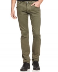 Your new off-duty uniform: Five-pocket, straight legs from Armani Jeans; made of bull denim-the stuff that's even heavier and more durable than ordinary denim-dyed to military olive and finished with the Armani eagle patch and hardware. Your new off-duty uniform: Five-pocket, straight legs from Armani Jeans; made of bull denim-the stuff that's even heavier and more durable than ordinary denim-dyed to military olive and finished with the Armani eagle patch and hardware.