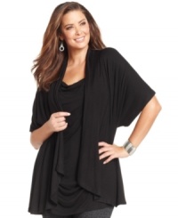 Land two styles for one great price with Cha Cha Vente's layered look plus size top, featuring a draped cardigan and scoopneck inset. Land two styles for one great price with Cha Cha Vente's layered look plus size top, featuring a draped cardigan and scoopneck inset.