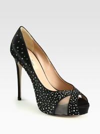 Glittery Swarovski crystals decorate this satin peep toe pump, with semi-sheer mesh inserts and a hidden platform. Self-covered heel, 4¾ (120mm)Hidden platform, 1 (25mm)Compares to a 3¾ heel (95mm)Swarovski-encrusted satin upper with mesh insertsPeep toeLeather lining and solePadded insoleMade in Italy Glittery Swarovski crystals decorate this satin peep toe pump, with semi-sheer mesh inserts and a hidden platform. Self-covered heel, 4¾ (120mm)Hidden platform, 1 (25mm)Compares to a 3¾ heel (95mm)Swarovski-encrusted satin upper with mesh insertsPeep toeLeather lining and solePadded insoleMade in Italy