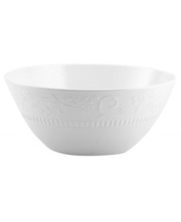 As durable as it is elegant, Mikasa's Countryside Scroll vegetable bowl features classically designed, chip-resistant bone china embossed with delicate scrolling vines and fluted detail. A pure white glaze makes it suitable for every day, any occasion. As durable as it is elegant, Mikasa's Countryside Scroll vegetable bowl features classically designed, chip-resistant bone china embossed with delicate scrolling vines and fluted detail. A pure white glaze makes it suitable for every day, any occasion.