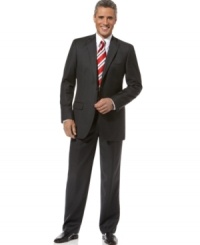 Searching for a look that's at once classic and cutting-edge? Look no further than this sleek solid charcoal suit from Tasso Elba. Searching for a look that's at once classic and cutting-edge? Look no further than this sleek solid charcoal suit from Tasso Elba.