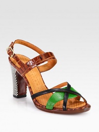 A checkered heel infuses graphic style into this crocodile-print leather sandal, with elegantly crossed straps and bold pops of color. Checker painted wooden heel, 3½ (90mm)Crocodile-print leather and smooth leather upperAdjustable ankle strapLeather lining and solePadded insoleMade in Spain