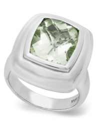 Cushion-cut and totally chic! This glamorous gemstone ring features a cushion-cut green quartz (4-3/4 ct. t.w.) set in sterling silver. Size 7. Cushion-cut and totally chic! This glamorous gemstone ring features a cushion-cut green quartz (4-3/4 ct. t.w.) set in sterling silver. Size 7.
