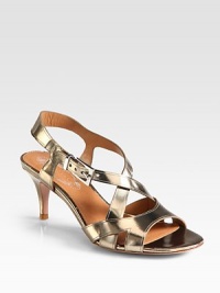 A practical heel lifts this strappy summer essential of lustrous metallic leather. Self-covered heel, 2¾ (70mm)Metallic leather upperAdjustable ankle strapLeather lining and solePadded insoleImportedOUR FIT MODEL RECOMMENDS ordering true size. 