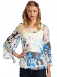 THE LOOKSheer constructionWatercolor print, alloverDraped batwing sleevesOpen back slitTHE FITAbout 23 from shoulder to hemTHE MATERIALSilkCARE & ORIGINDry cleanImportedModel shown is 5'10 (177cm) wearing US size Small. THE LOOKSheer constructionWatercolor print, alloverDraped batwing sleevesOpen back slitTHE FITAbout 23 from shoulder to hemTHE MATERIALSilkCARE & ORIGINDry cleanImportedModel shown is 5'10 (177cm) wearing US size Small.