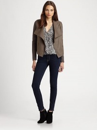 Butter-smooth leather styled with soft knit sleeves in a draped open-front style.Wide foldover collarKnit sleevesWelt pocketsAbout 22 from shoulder to hemBody: leatherSleeves: 64% acrylic/36% polyesterDry clean by a leather specialistImportedModel shown is 5'11 (180cm) wearing US size Small. Butter-smooth leather styled with soft knit sleeves in a draped open-front style.Wide foldover collarKnit sleevesWelt pocketsAbout 22 from shoulder to hemBody: leatherSleeves: 64% acrylic/36% polyesterDry clean by a leather specialistImportedModel shown is 5'11 (180cm) wearing US size Small.
