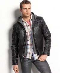Channel style from the classics with this updated faux-leather motorcycle jacket from Guess. Channel style from the classics with this updated faux-leather motorcycle jacket from Guess.