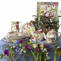 Mille Fleurs was inspired by flowers in a European garden as well as antique tableware. Its delicate renderings of pansies, roses, and thistles are blended with a vintage border in a contemporary color palette. Sophisticated, yet fresh and youthful. Mille Fleurs was inspired by flowers in a European garden as well as antique tableware. Its delicate renderings of pansies, roses, and thistles are blended with a vintage border in a contemporary color palette. Sophisticated, yet fresh and youthful.