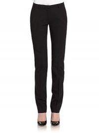 THE LOOKNarrow waistband with belt loops Front zipper with hook closureFront seam pocketsStraight legBack notch waistBack welt button pocketBack dartsTHE FITRise, about 8Inseam, about 33THE MATERIAL96% virgin wool/4% elastaneCARE & ORIGINDry cleanMade in ItalyModel shown is 5'10 (177cm) wearing US size 4. THE LOOKNarrow waistband with belt loops Front zipper with hook closureFront seam pocketsStraight legBack notch waistBack welt button pocketBack dartsTHE FITRise, about 8Inseam, about 33THE MATERIAL96% virgin wool/4% elastaneCARE & ORIGINDry cleanMade in ItalyModel shown is 5'10 (177cm) wearing US size 4.