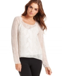 A cable-knit print adds cold-weather chicness to this sheer Kensie chiffon blouse -- perfectly paired with the season's skinny jeans! A cable-knit print adds cold-weather chicness to this sheer Kensie chiffon blouse -- perfectly paired with the season's skinny jeans!