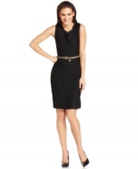 Calvin Klein gives a classic tweed sheath a touch of leopard luxe with a sleek removable belt. A split neckline and side slit at the hem have a flattering effect on the silhouette. Calvin Klein gives a classic tweed sheath a touch of leopard luxe with a sleek removable belt. A split neckline and side slit at the hem have a flattering effect on the silhouette.