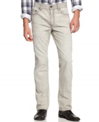 Wrinkled details give these flattering slim straight jeans by American Rag a cool laid back look. Wrinkled details give these flattering slim straight jeans by American Rag a cool laid back look.