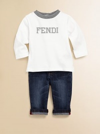 A smart pair for stylish tots, with Fendi logo details at the front and back pockets.Front buttonRear elasticized waistband with belt loopsFive-pocket styleTurned cuffs65% cotton/35% elastaneMachine washMade in Italy of imported fabric A smart pair for stylish tots, with Fendi logo details at the front and back pockets.Front buttonRear elasticized waistband with belt loopsFive-pocket styleTurned cuffs65% cotton/35% elastaneMachine washMade in Italy of imported fabric