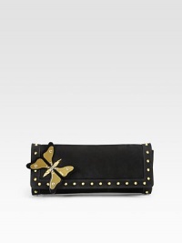 Nubuck leather flap design with a Gucci-embossed butterfly accent and stud details. Magnetic flap snap closureOne inside open pocketLeather lining11W X 4½H X 1½DMade in Italy Nubuck leather flap design with a Gucci-embossed butterfly accent and stud details. Magnetic flap snap closureOne inside open pocketLeather lining11W X 4½H X 1½DMade in Italy