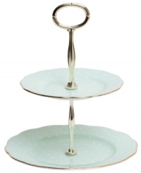 With gold bands and dainty ruffled edges, the Polka Rose 2-tier cake plate is a charming way to serve tiny sandwiches and tea time treats. A playful complement to Royal Albert's Old Country Roses dinnerware. With gold bands and dainty ruffled edges, the Polka Rose 2-tier cake plate is a charming way to serve tiny sandwiches and tea time treats. A playful complement to Royal Albert's Old Country Roses dinnerware.