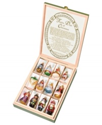 Inspired by the classic holiday carol, this boxed set of Inge-Glas ornaments tells the story of the 12 Days of Christmas. Each mouth-blown, hand-painted ornament represents one verse. Also featured in this keepsake edition is an inscribed summary of each verse. Inspired by the classic holiday carol, this boxed set of Inge-Glas ornaments tells the story of the 12 Days of Christmas. Each mouth-blown, hand-painted ornament represents one verse. Also featured in this keepsake edition is an inscribed summary of each verse.