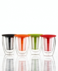 Tea for... you! Enjoy your favorite brew solo with the genius of Bodum, a sweat-free, drip-free pavina glass with silicone lid and plastic filter that let you steep and serve all in one place. The double-walled borosilicate glass is always cool to the touch and the handy silicone lid doubles as a heat trapper and saucer for the infuser when you're busy sipping away. Tea for... you! Enjoy your favorite brew solo with the genius of Bodum, a sweat-free, drip-free pavina glass with silicone lid and plastic filter that let you steep and serve all in one place. The double-walled borosilicate glass is always cool to the touch and the handy silicone lid doubles as a heat trapper and saucer for the infuser when you're busy sipping away.