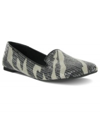 Sequins add sparkle to the eye-catching prints on Mia's Britannia smoking flats. Sequins add sparkle to the eye-catching prints on Mia's Britannia smoking flats.